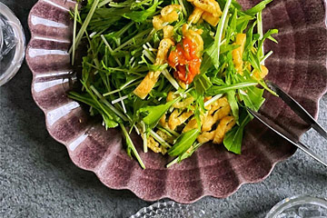 サラダの水菜と薄揚げの色が映える大皿