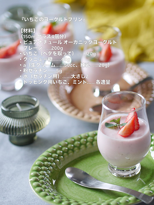 グリーンとシナモンのバブルスオーバルプレートに盛り付けられたいちごプリン